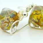Yellow Honeycomb Lampwork Earrings, Rounded Cube..