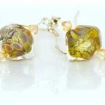 Yellow Honeycomb Lampwork Earrings, Rounded Cube..