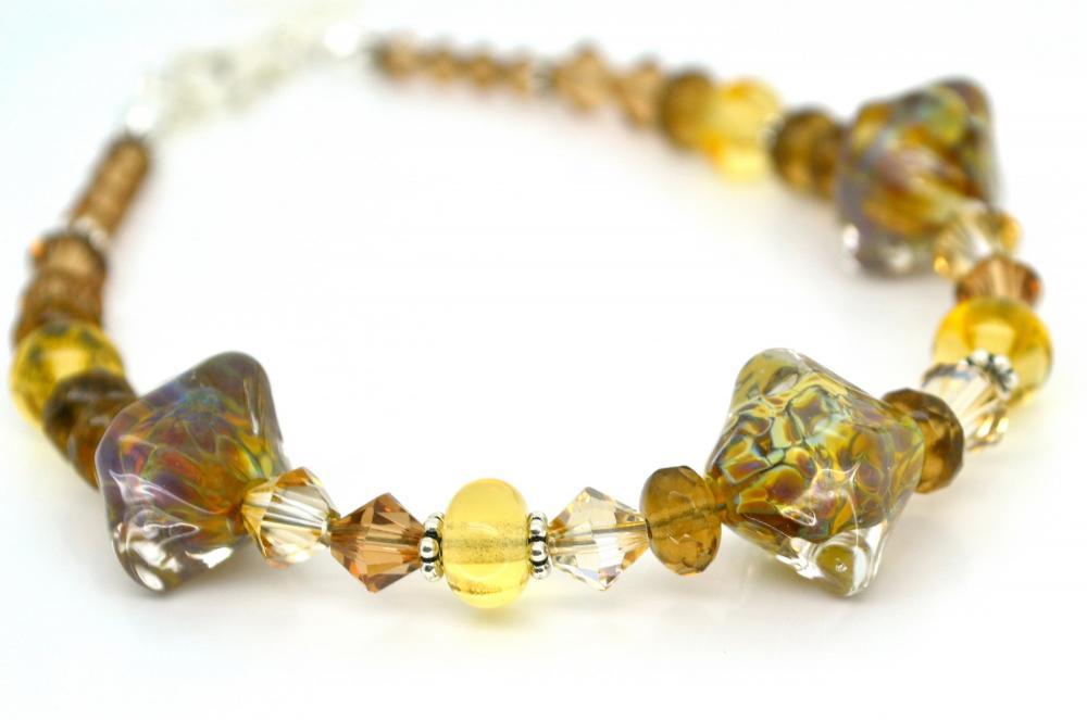Brown And Yellow Bracelet, Lampwork Bracelet, Sterling Silver, Autumn Jewelry,