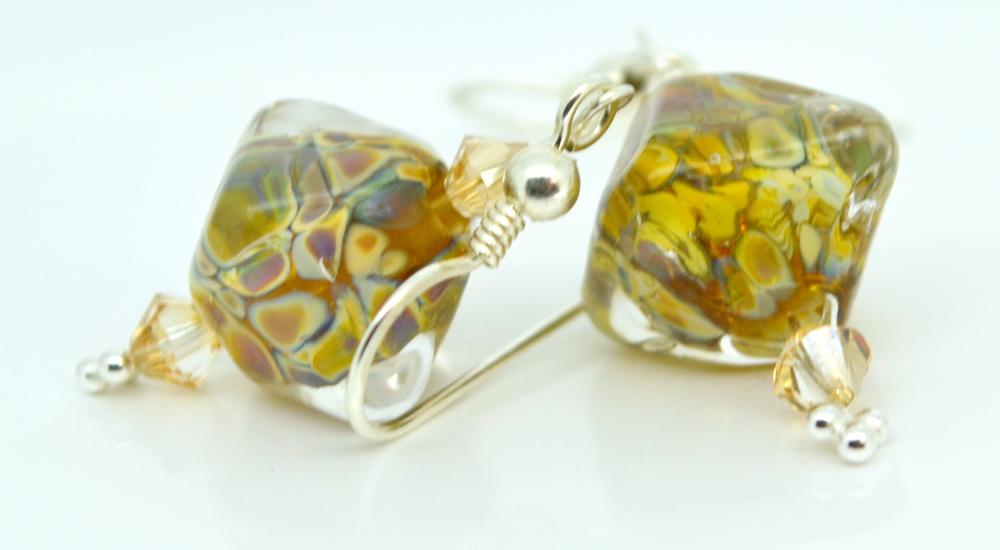 Yellow Honeycomb Lampwork Earrings, Rounded Cube Earrings, Sterling Silver