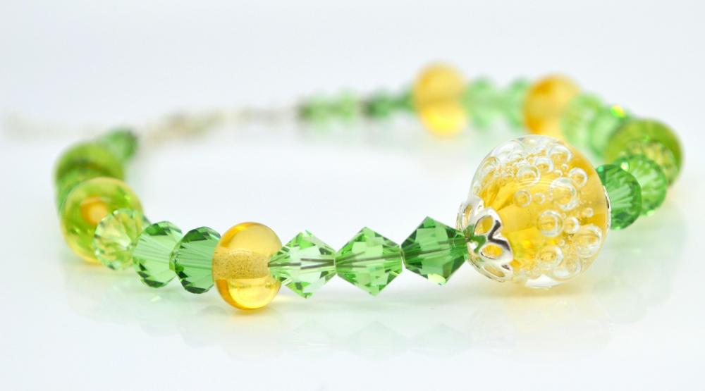 Green And Yellow Bracelet, Lampwork Bracelet, Swarovski Crystal And Sterling Silver Ooak,