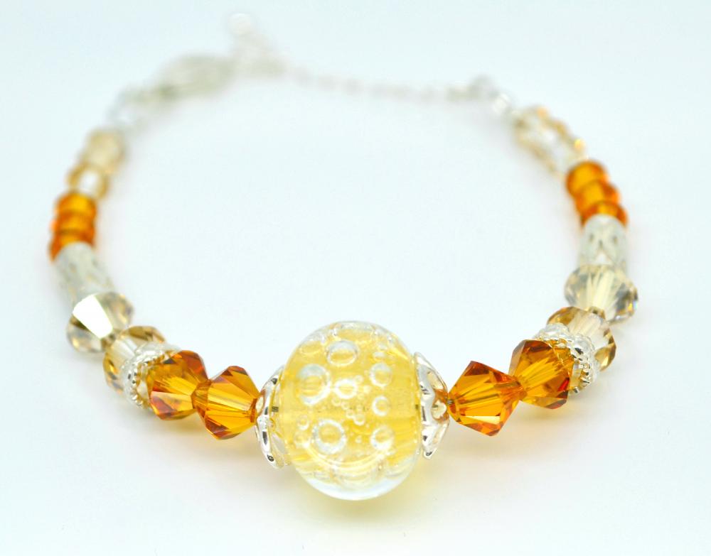Orange And Yellow Bracelet, Lampwork Bracelet, Crystal Bracelet, Sterling Silver