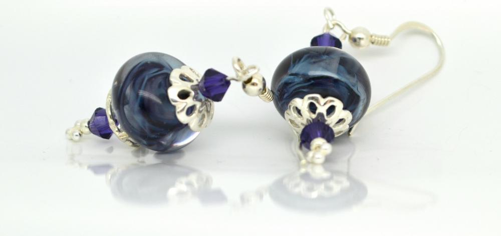 Purple Beaded Earrings Sterling Silver Earrings Lampwork Glass Earrings Swarovski Crystals Ooak,